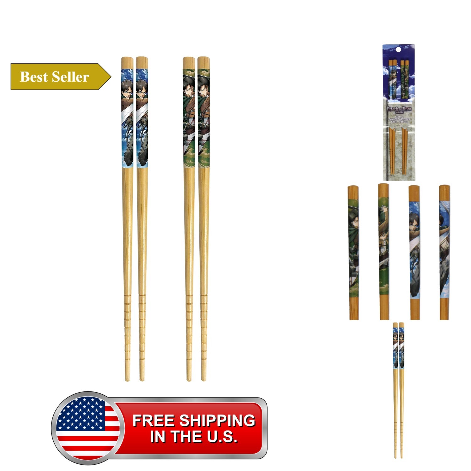 Attack On Titans Bamboo 2 Pairs Collectible Anime Chopsticks 8.85 Inches Long...