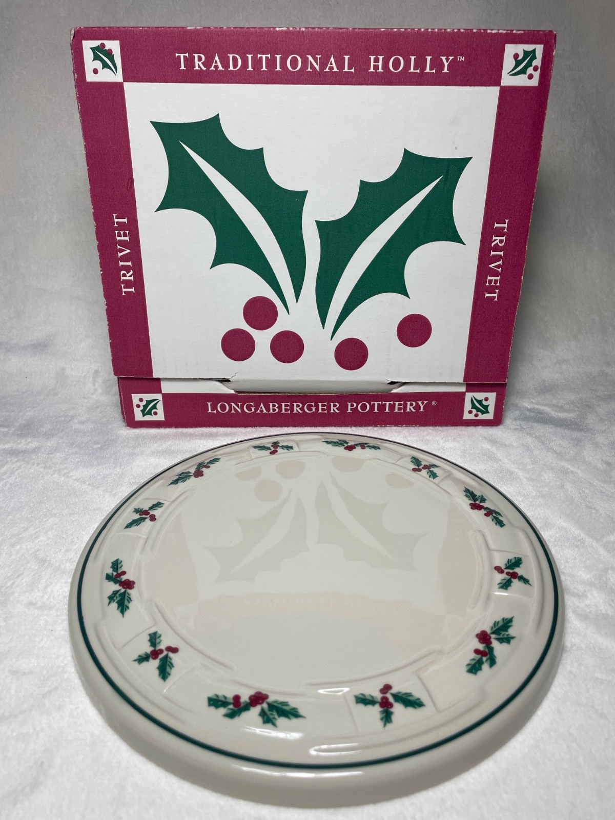 Longaberger Pottery Traditional Holly Christmas Trivet 31941 Box 1996 New 8.5\