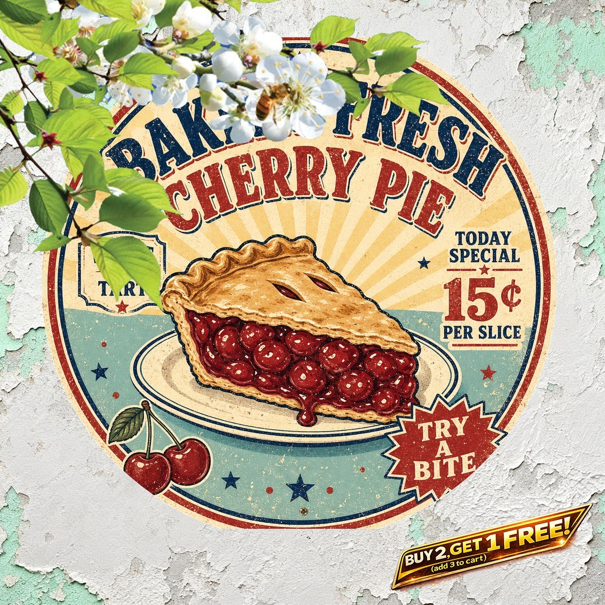 Cherry Pie Kitchen Tin Sign Retro Bakery Dessert Wall Art Decor