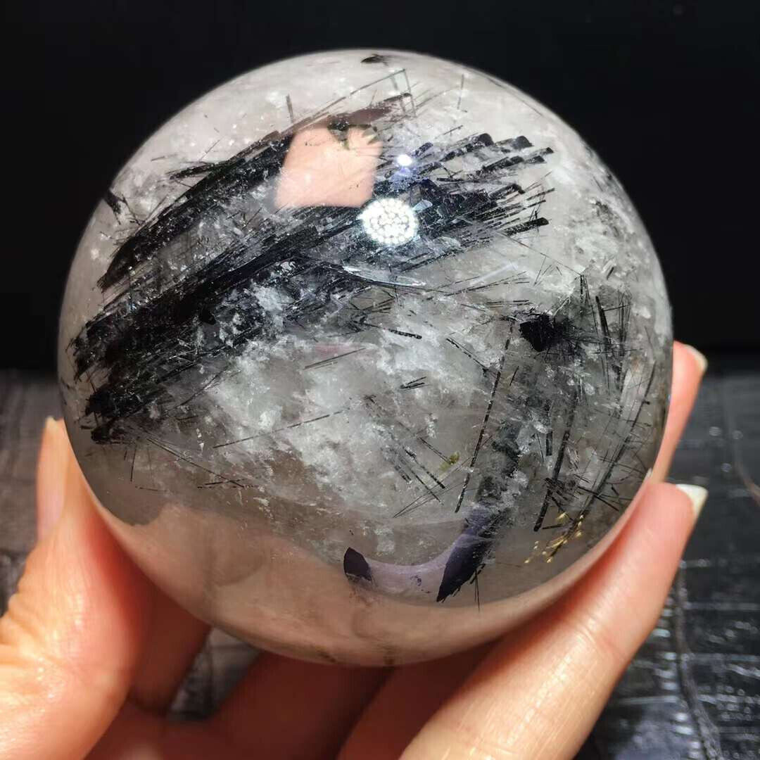 500g Natural Black hair Quartz Sphere Crystal Energy Ball Reiki Healing Decor