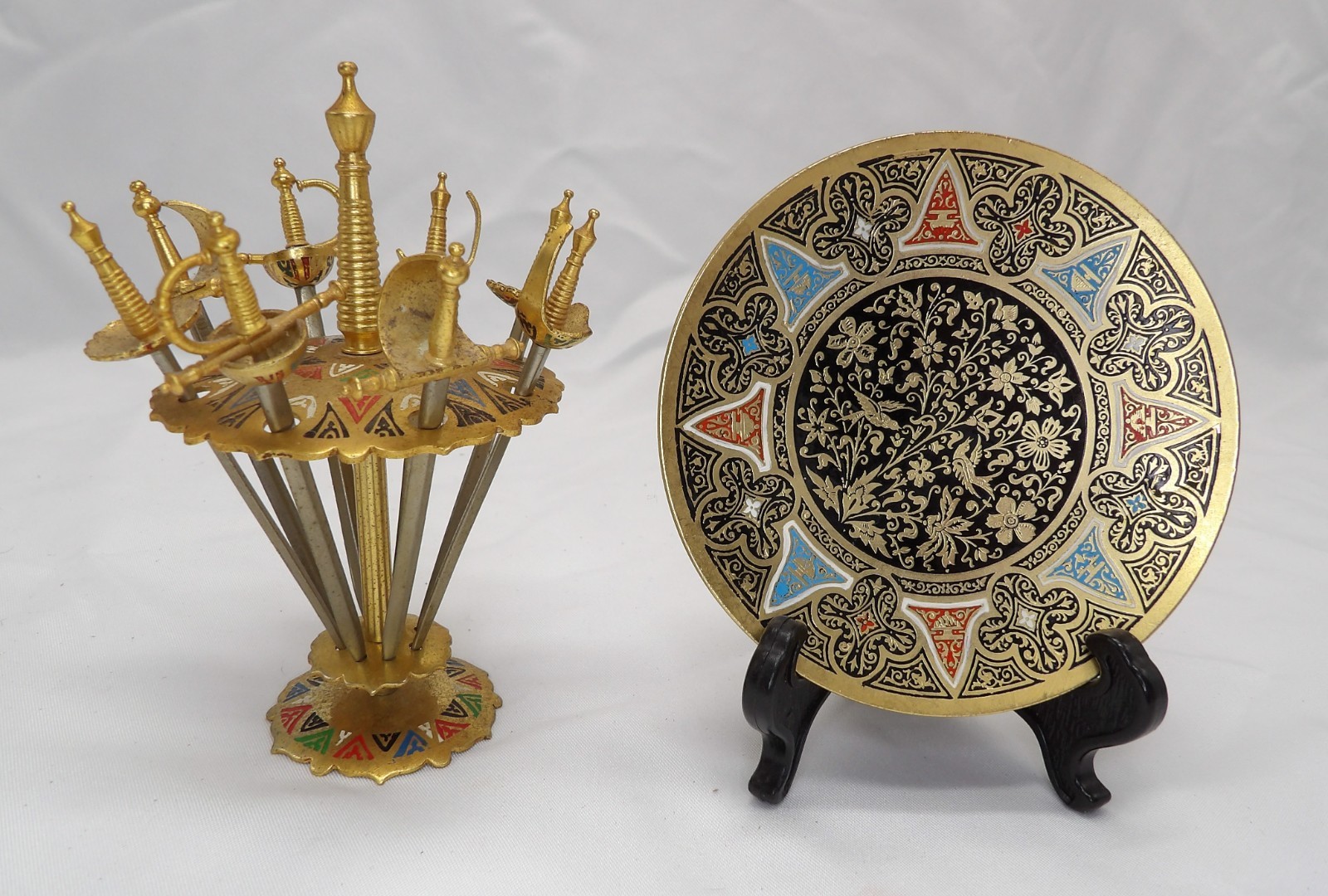 VTG Toledo Brass Cocktail Sword Set & Damascene Small Decorated Plate - Preowned