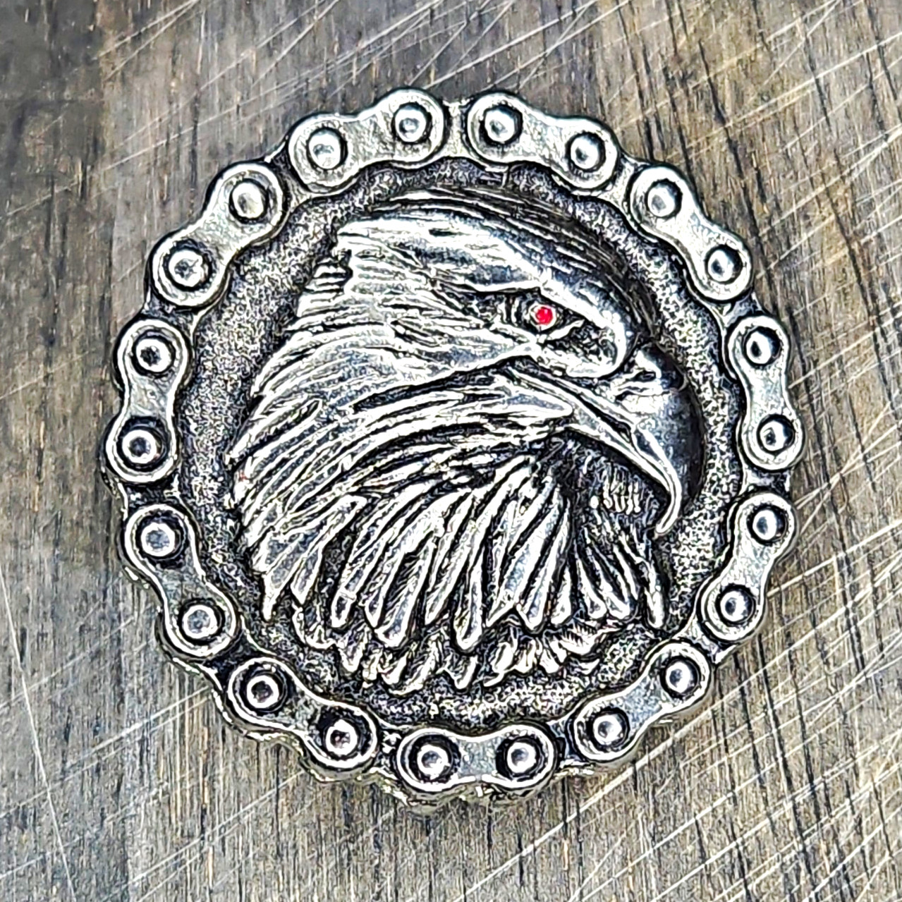 Vintage Bald Eagle Head Metal Pin Red Eye Patriotic Biker Vest Heavy