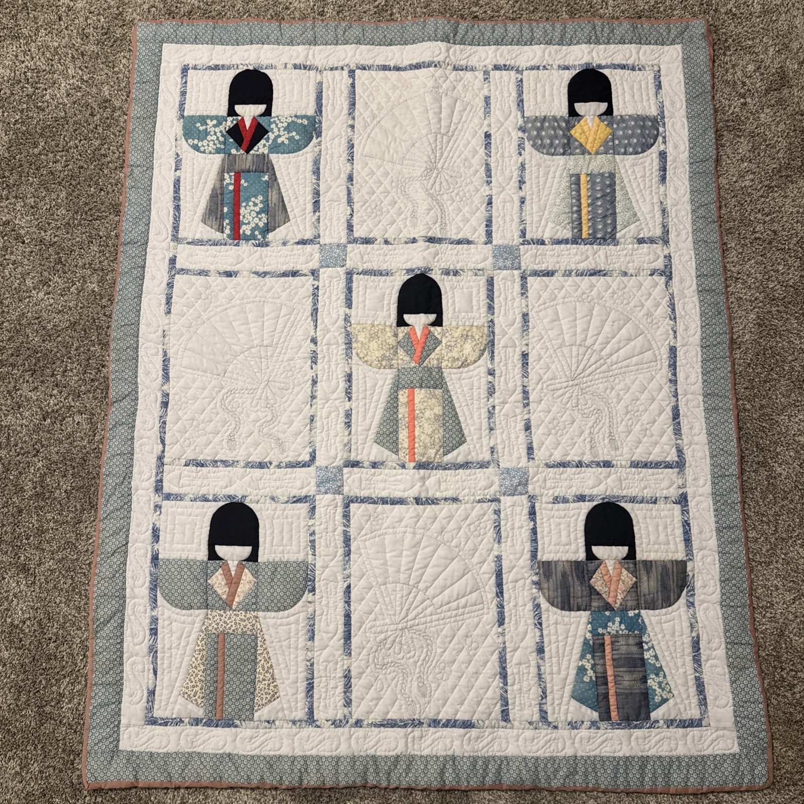 Vintage 1989 Handmade Japanese Kokeshi Doll Applique Quilt Signed Quilted