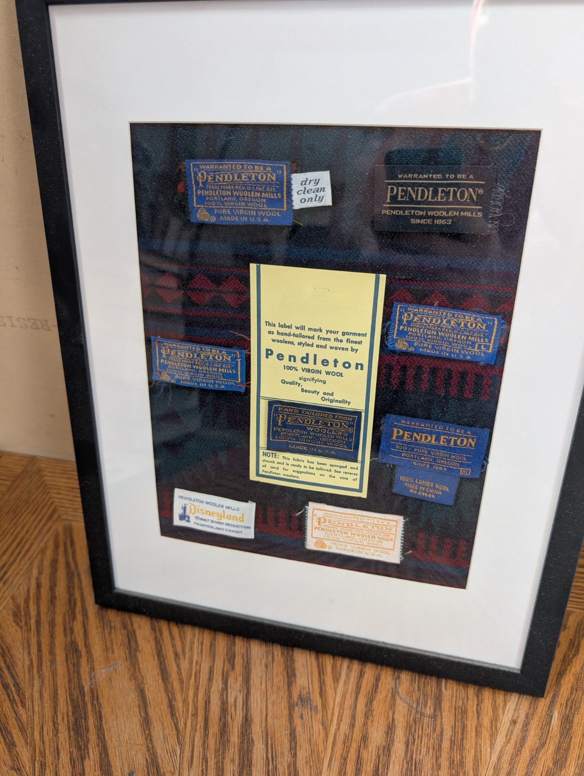 Framed Vintage Pendleton Wool Clothing Tags Display w/ Rare Disneyland