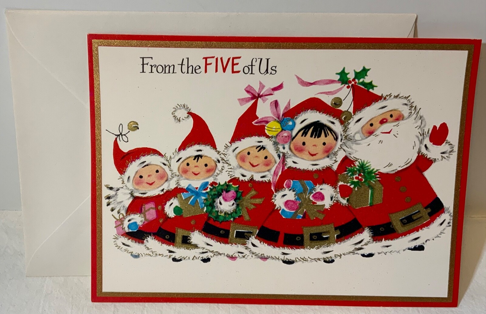 VTG Quality Crest Embossed Christmas Card UNUSED “From 5 of us” Dressed as Santa