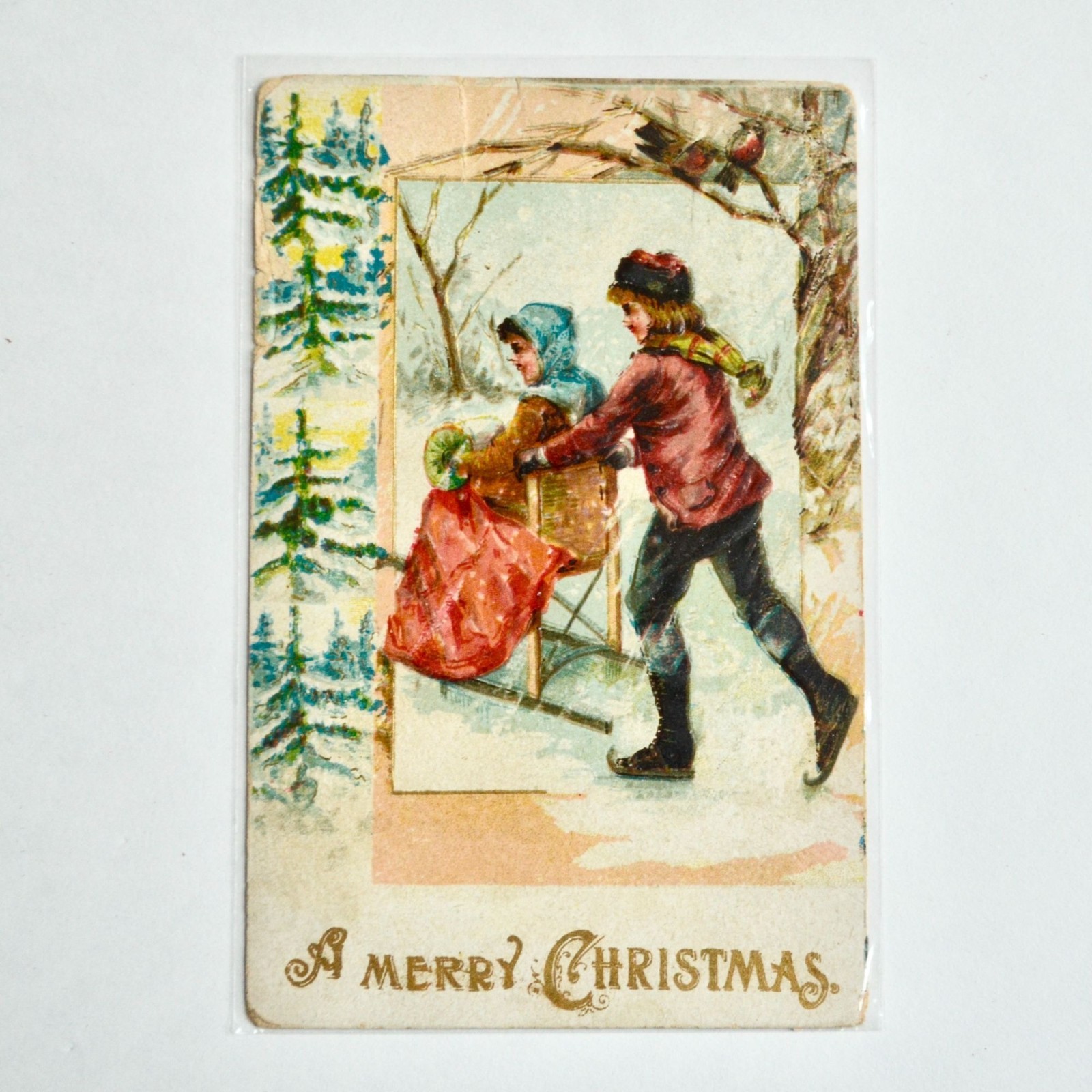 1909 Antique A Merry Christmas Postcard Boy Girl Skating Chair 1909 Antique A Merry Christmas Postcard Boy Girl Skating Chair