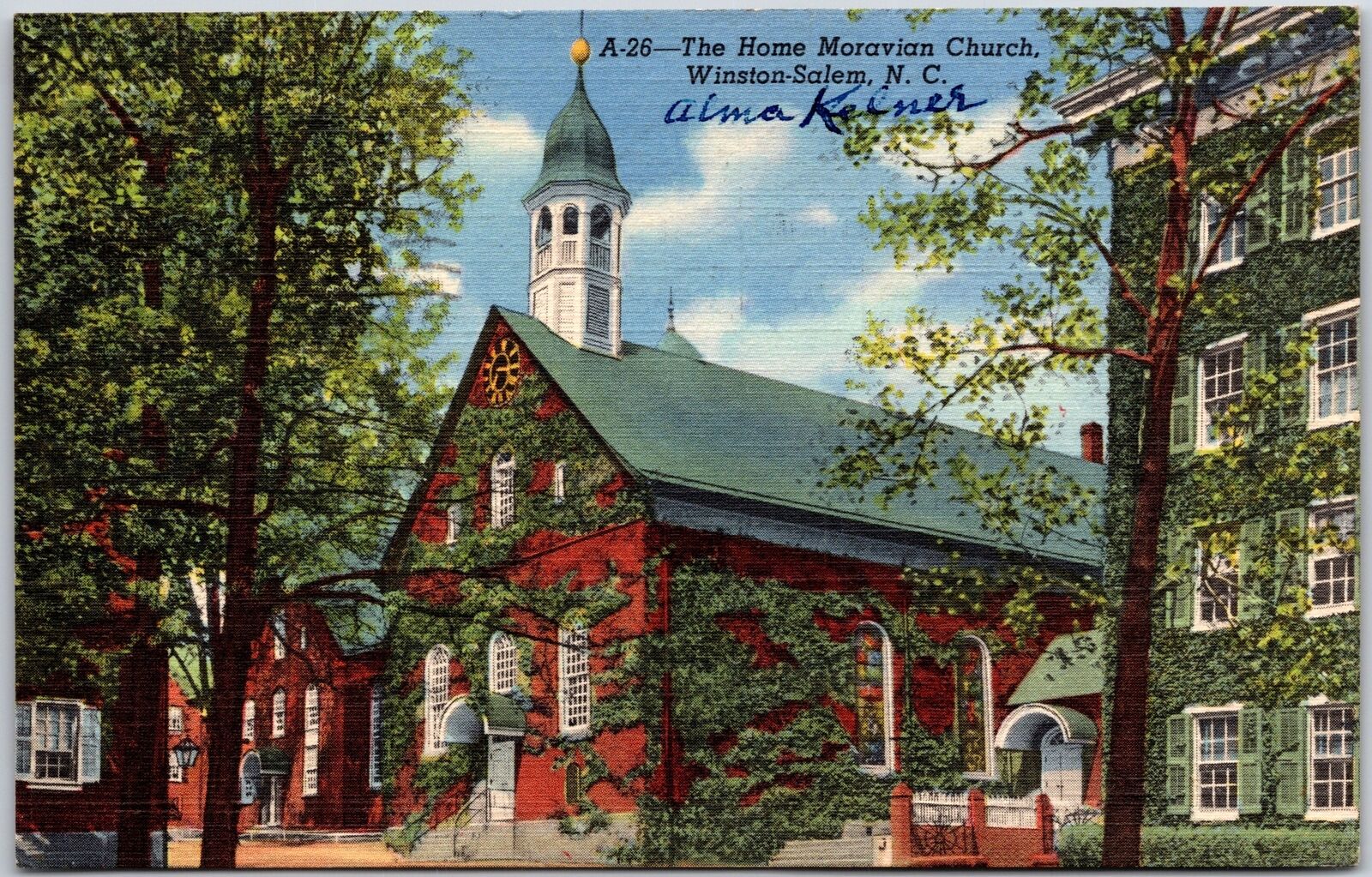 Winston-Salem North Carolina NC, 1949 The Home Moravian Church, Vintage Postcard