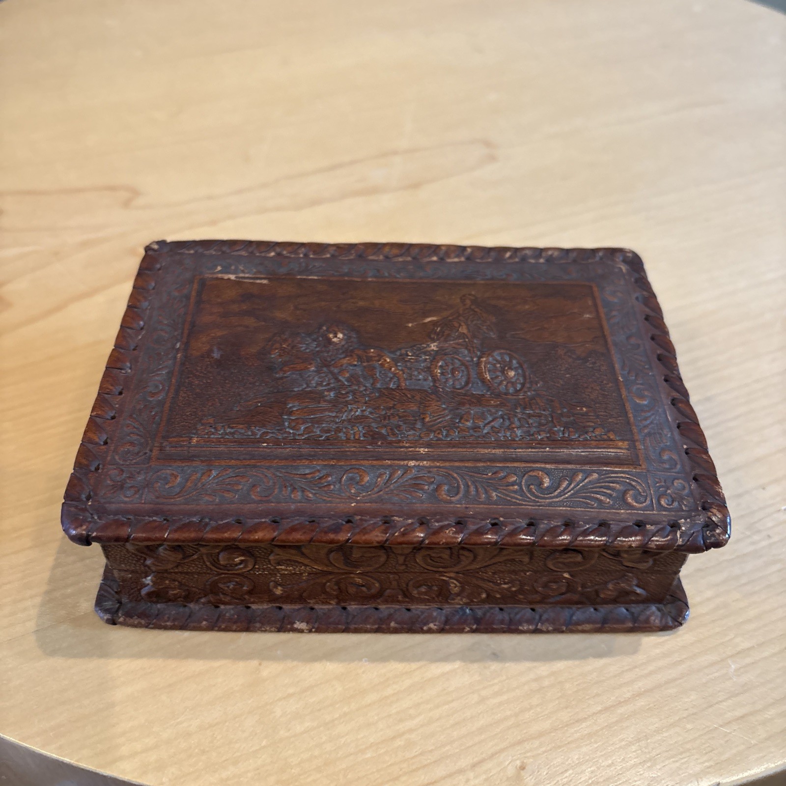 vintage Italian hand tooled embossed leather covered wooden cigarette box.