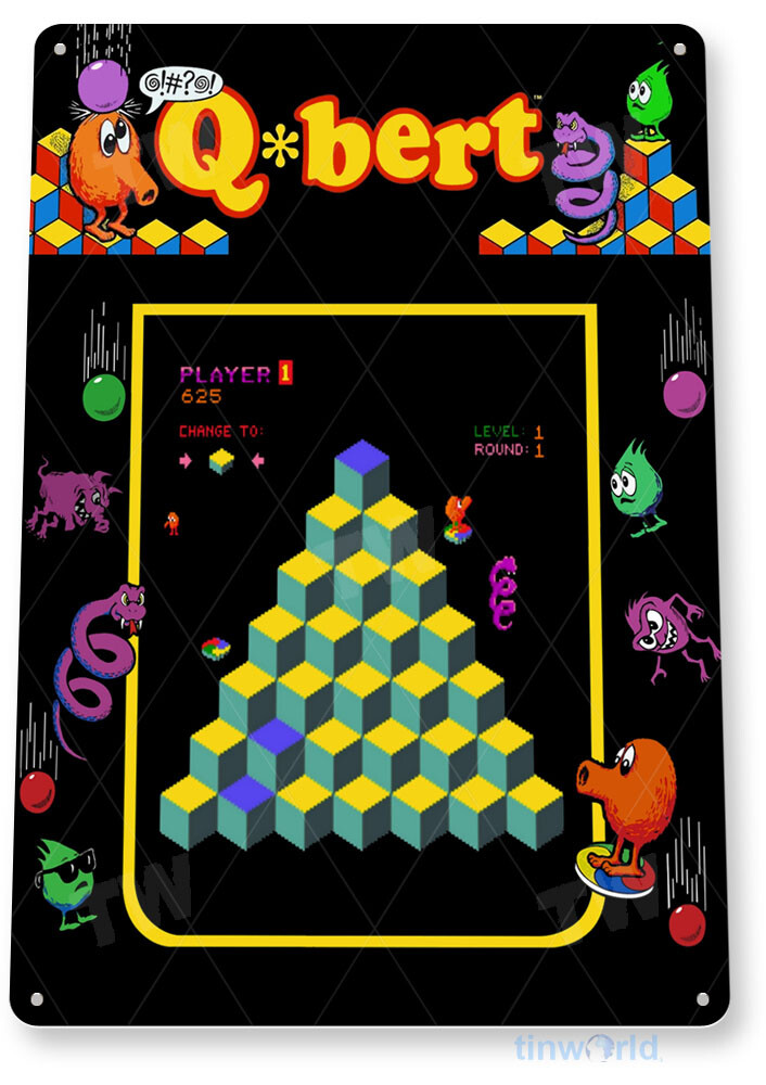 TIN SIGN Q-bert Arcade, 80\'s, Retro, Console, Marquee, Game Room Decor, A838