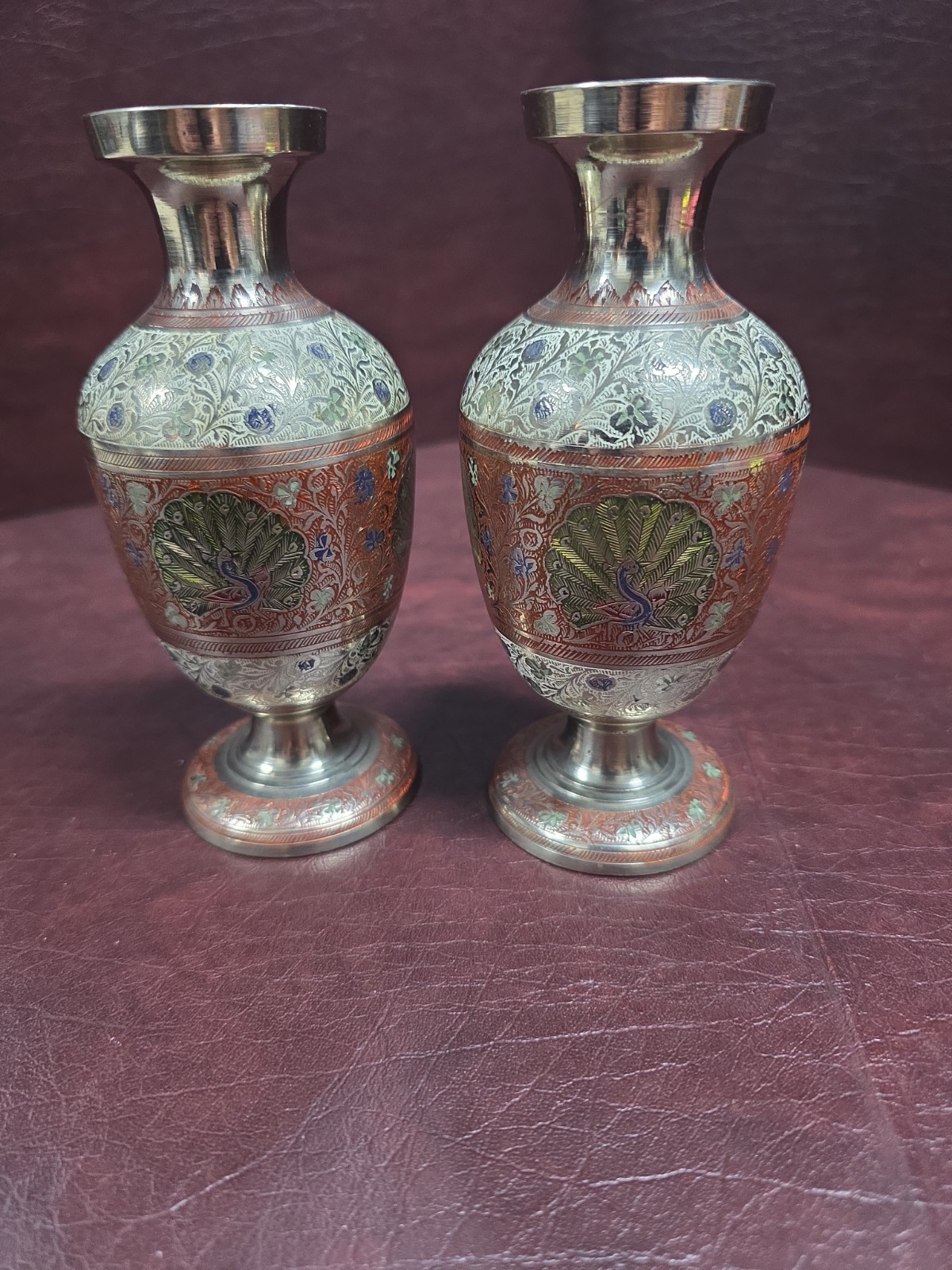 Pair Of Vintage Indian Brass Vase with Etching and Painted Peacock Designs