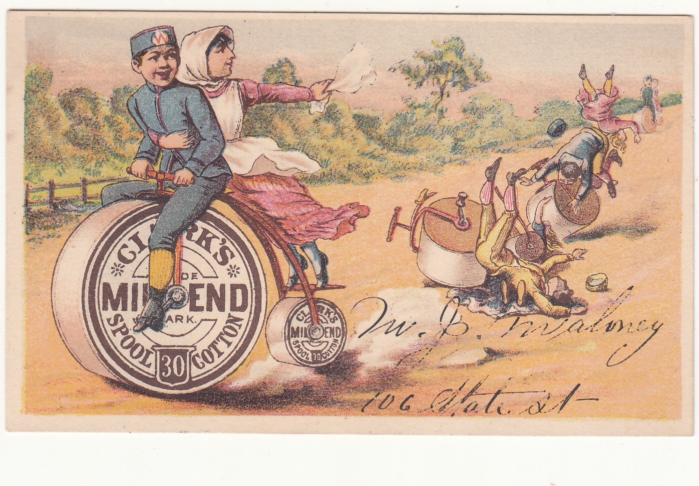 Clark\'s Mile End Spool Cotton Thread Bicycle Falling W B Maloney Card c1880s