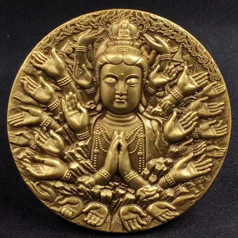 Brass Thousand-Hand Guanyin Commemorative Medal Embossed Buddha Statue