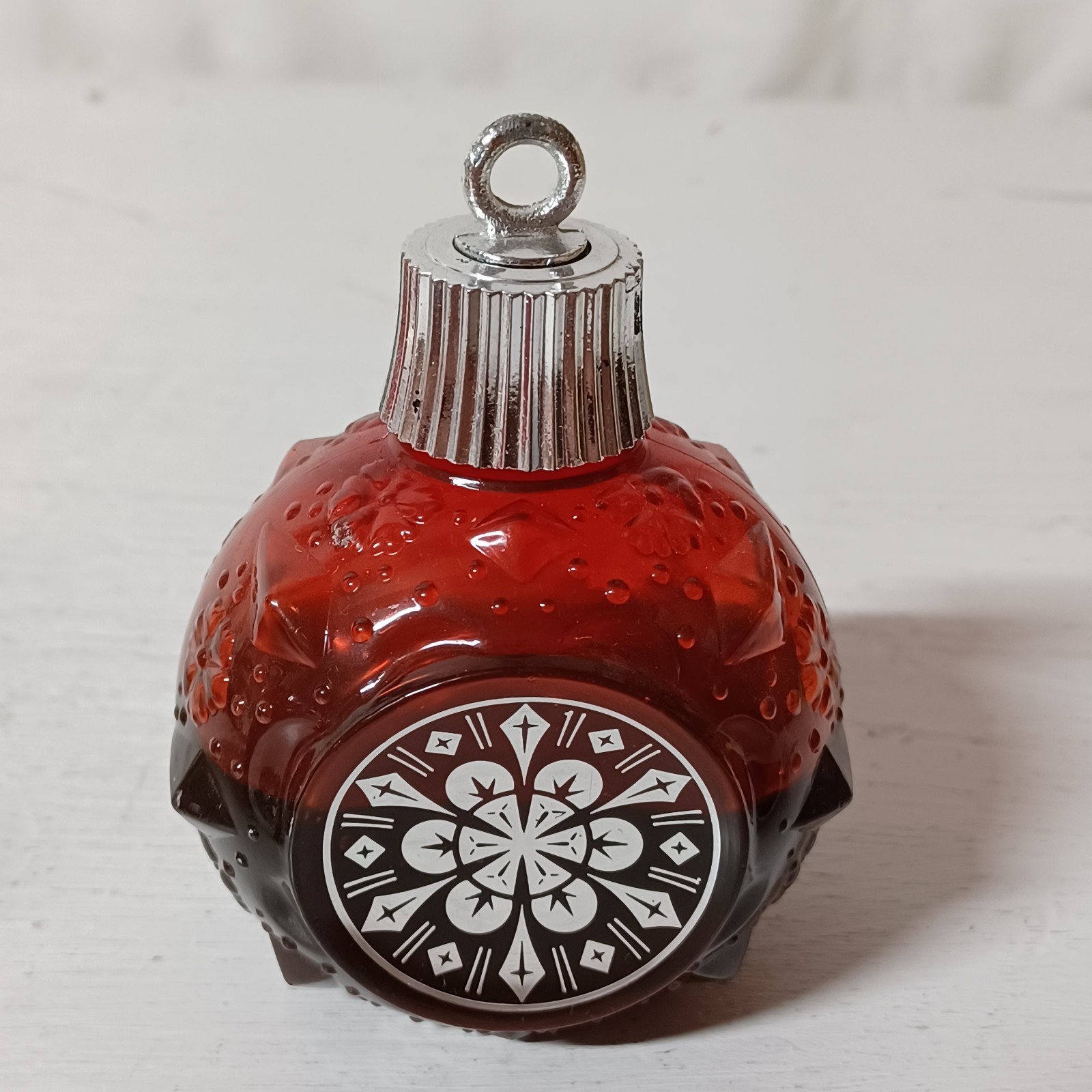 Vtg Avon Christmas Plastic Ornament 5 Oz Bubble Bath Red Partial 4\