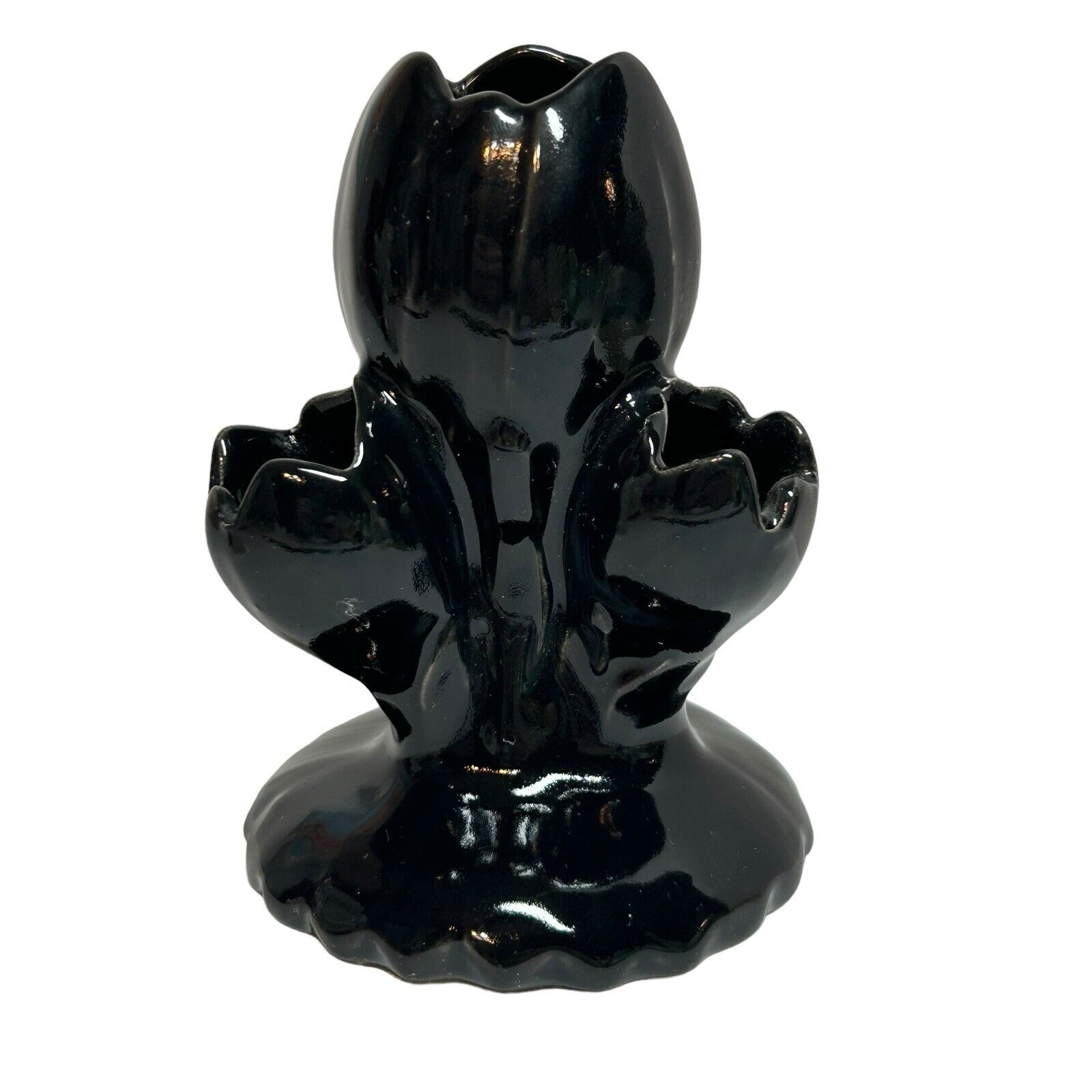 Vintage Camark 228 USA Pottery Black Glaze Ceramic 4-Bud Tulip Vase MCM