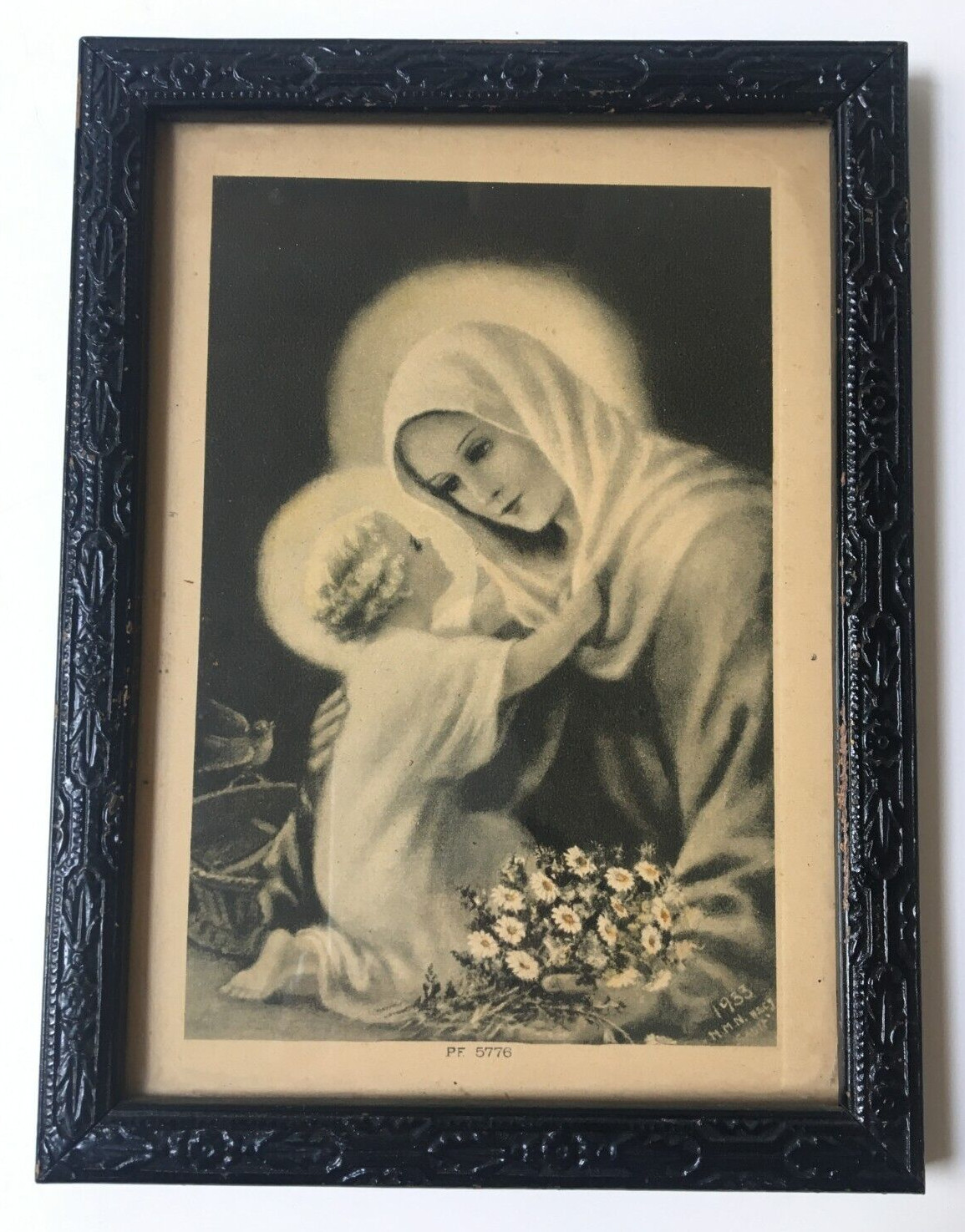 Vintage Christian Religious Framed Print 1933 Madonna & Christ Child Floral