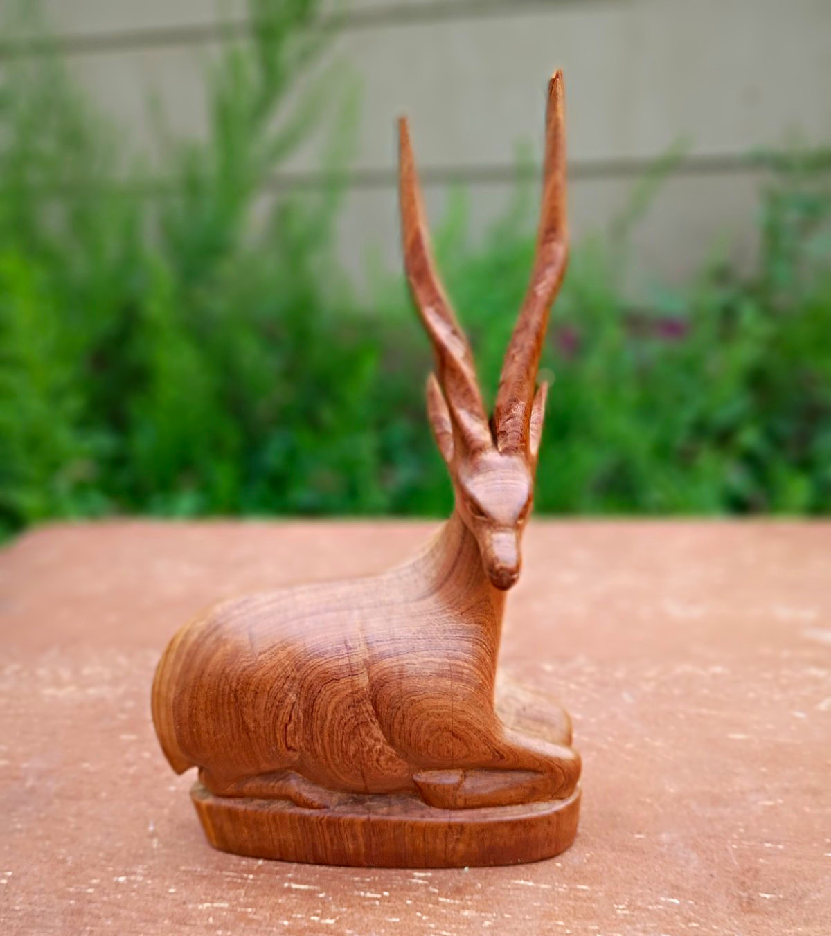 Hand Carved Wood Antelope/Gazelle Figurine Sculpture with Long Horns