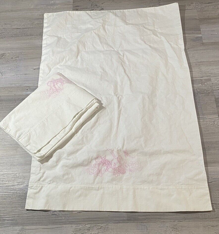 (2) Vintage Cannon White Cotton Muslin Pillowcases Imprinted Pink Sleeping Bunny