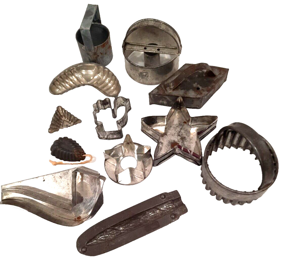Lot Of 12 Soldered OLD Tin Cookie Biscuit Cutters Molds Kitchen Primitives Antiq