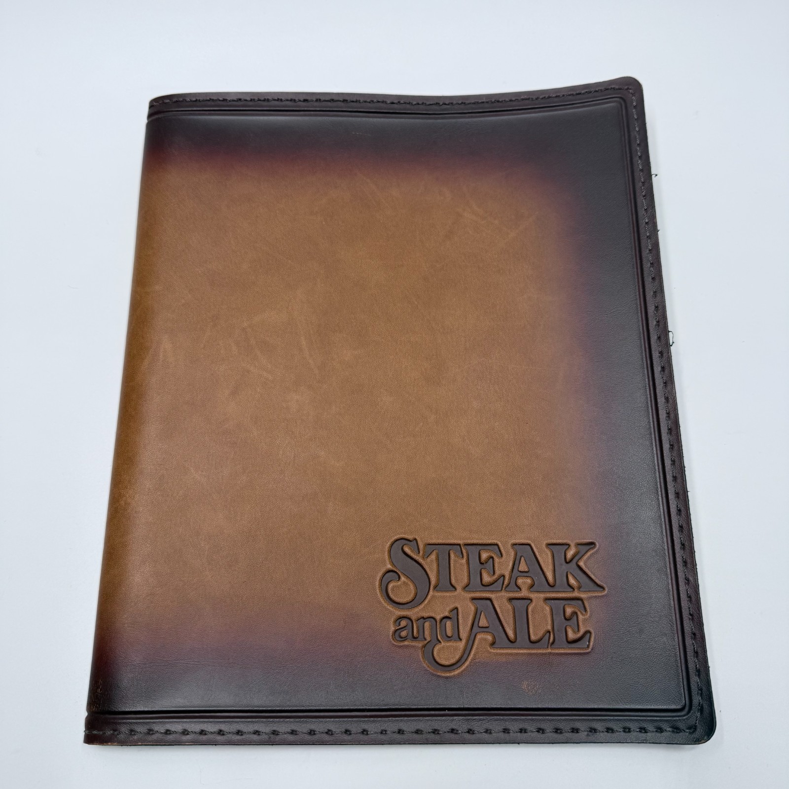 Vtg Steak And Ale Restaurant Menu Leather Cover 12x10 Embossed Brown Two Tone Vtg Steak And Ale Restaurant Menu Leather Cover 12x10 Embossed Brown Two Tone