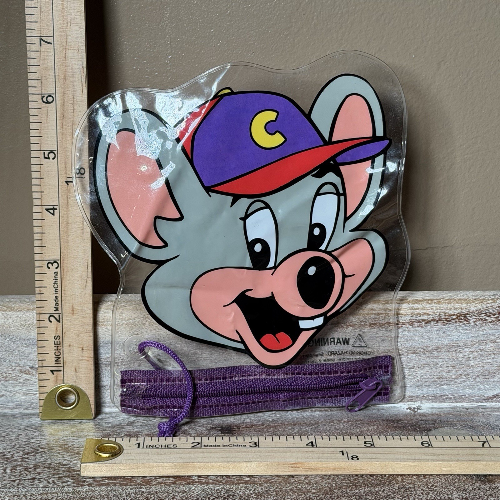 Chuck E Cheese Plastic Zip Up Clear Pouch Purple Face 2000’s 6 Inch