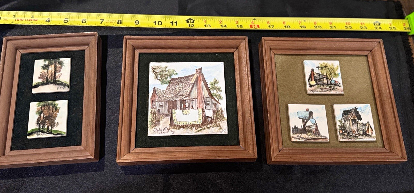 Vintage 1973 Clyde E Gray Signed Ceramic Art Tiles Rustic Scenes Set of 3 Framed