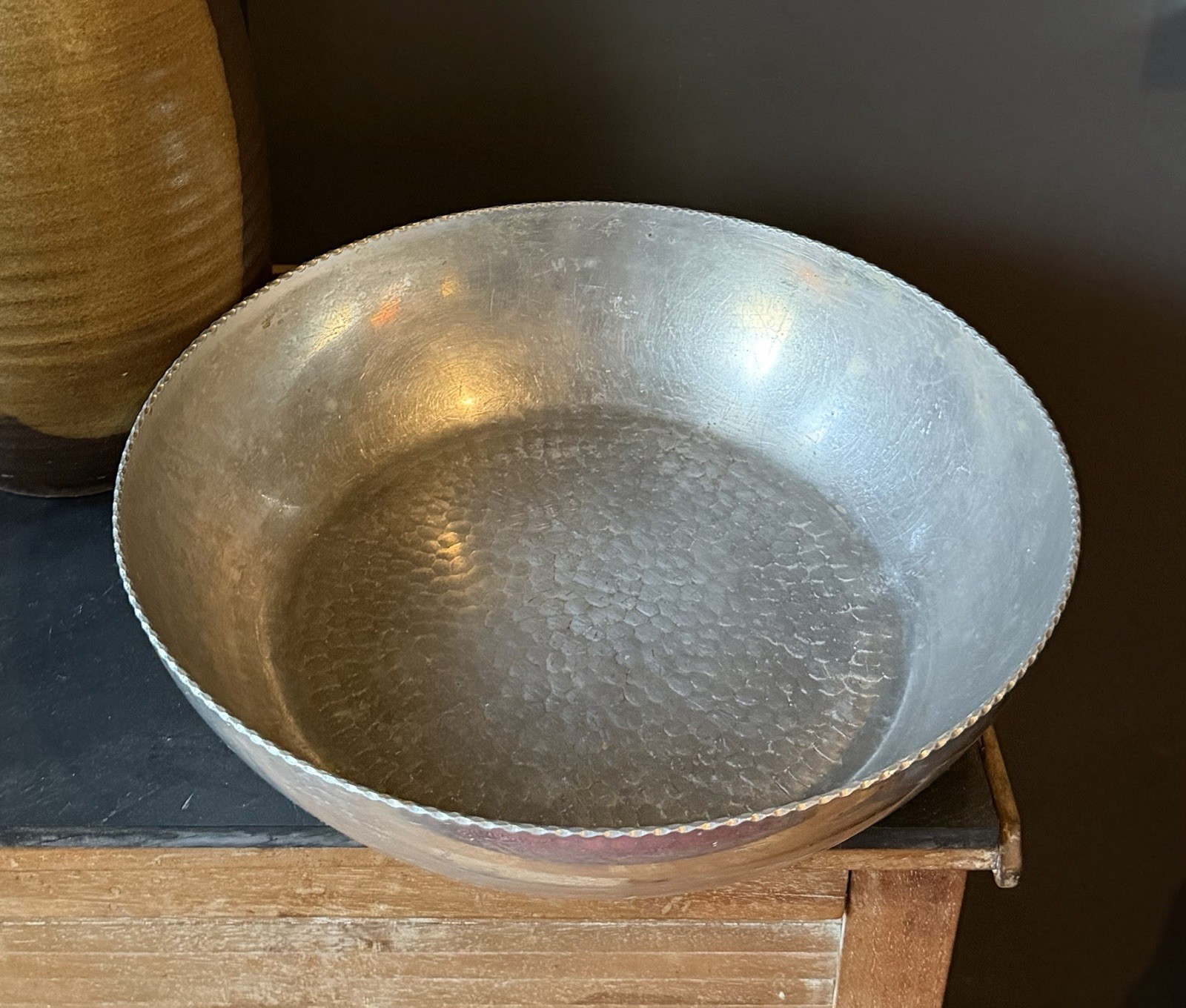 Vintage MMM SA Spain Hammered Aluminum Serving Bowl Beaded Rim Mid Century 1960s