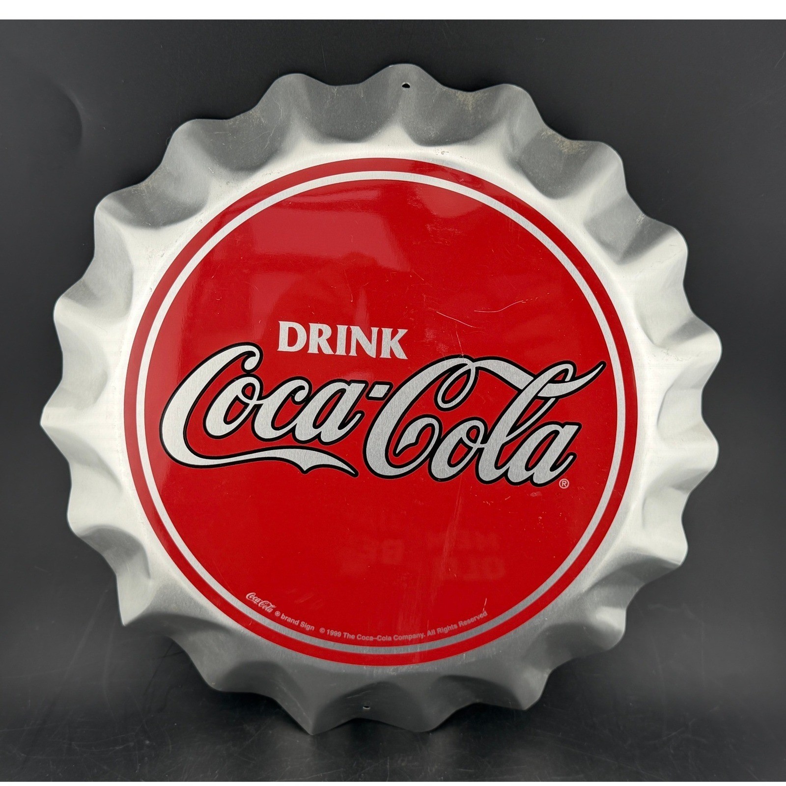 Vintage 1999 Coca-Cola Metal Bottle Cap Wall Sign-11.5 Inch, Red Silver Decor Vintage 1999 Coca-Cola Metal Bottle Cap Wall Sign-11.5 Inch, Red Silver Decor