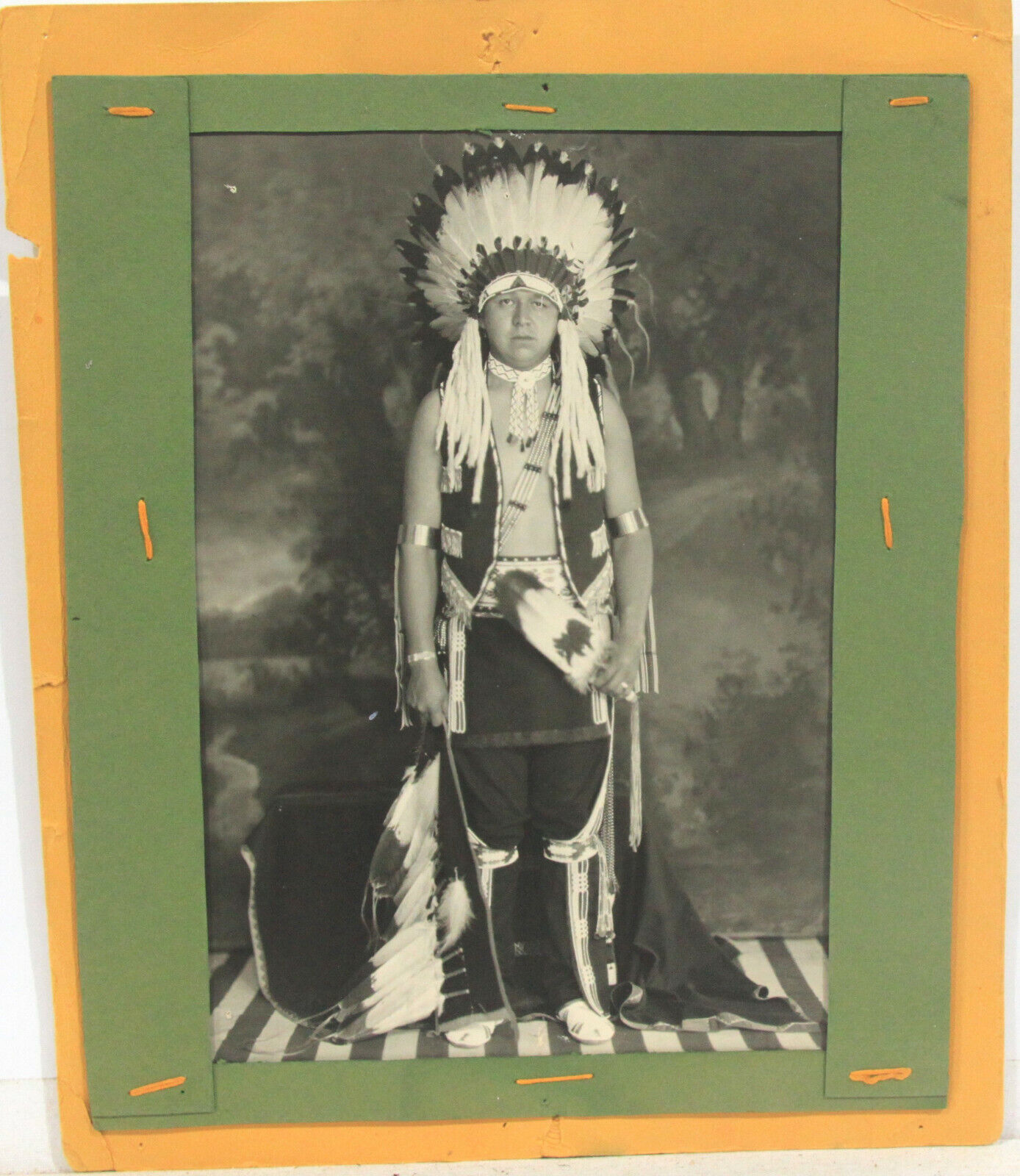 BW Photo of Osage Indian Chief in Native Garb – Handmade and Sewn Mount c1900