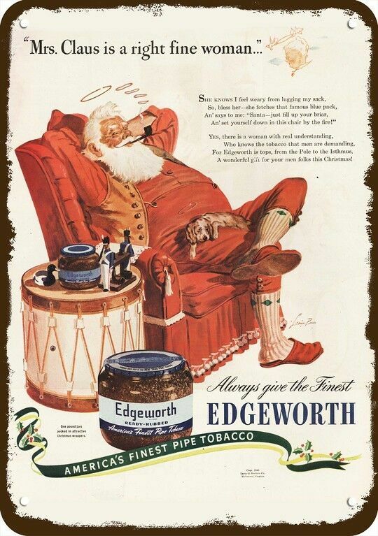 1946 Santa Smokes Edgeworth Tobacco Pipe Vntg-Look DECORATIVE REPLICA METAL SIGN