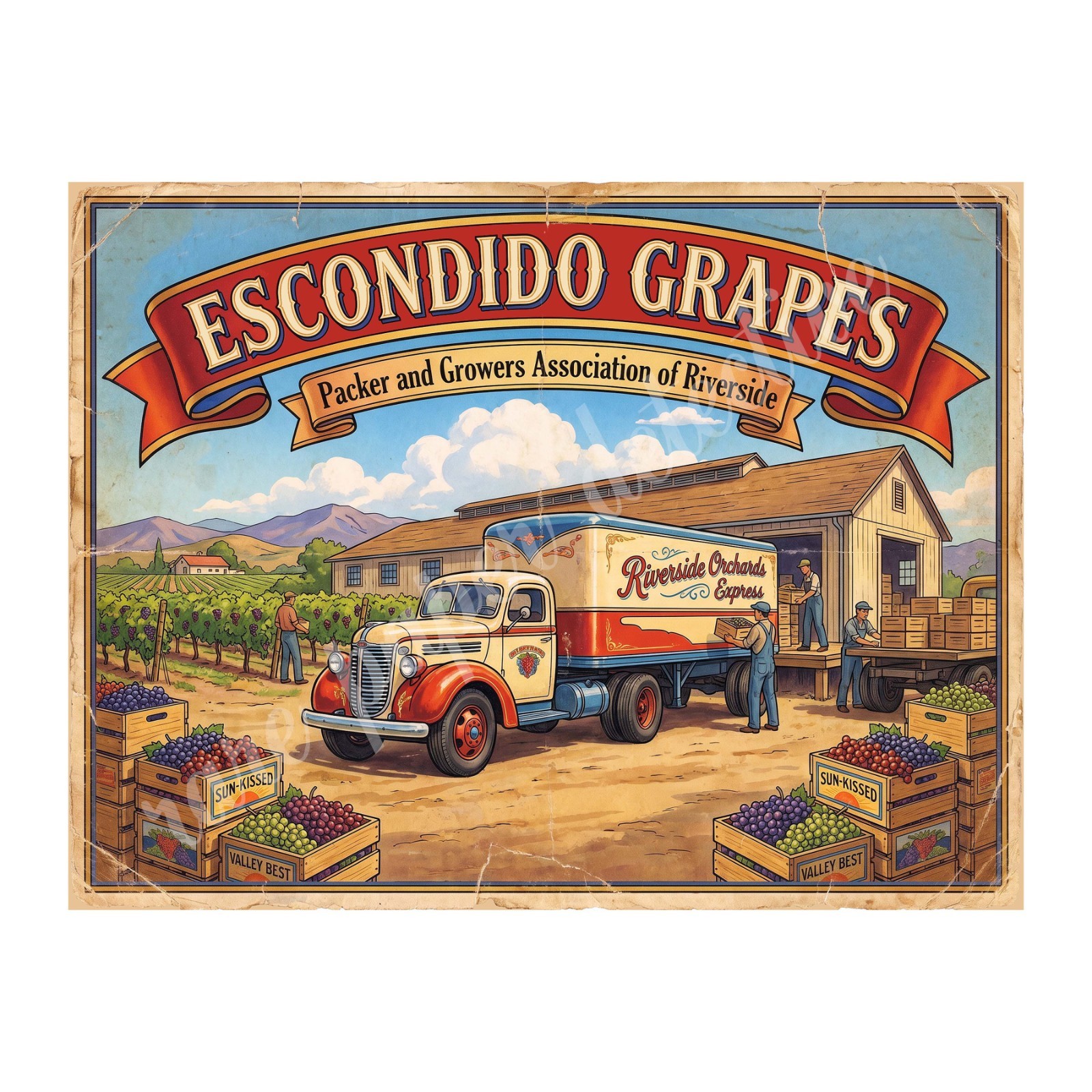 Escondido California Grapes 1950s Retro Style Fruit Crate Label 10.5