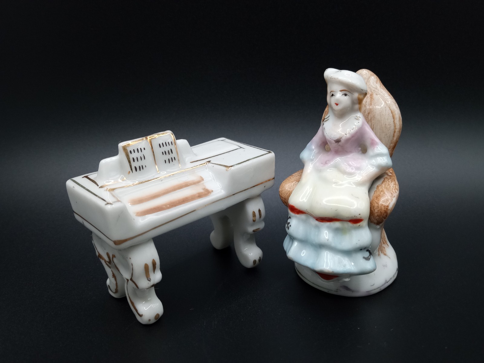Vintage Porcelain Figurines - Woman Playing Piano - Made in Occupied Japan