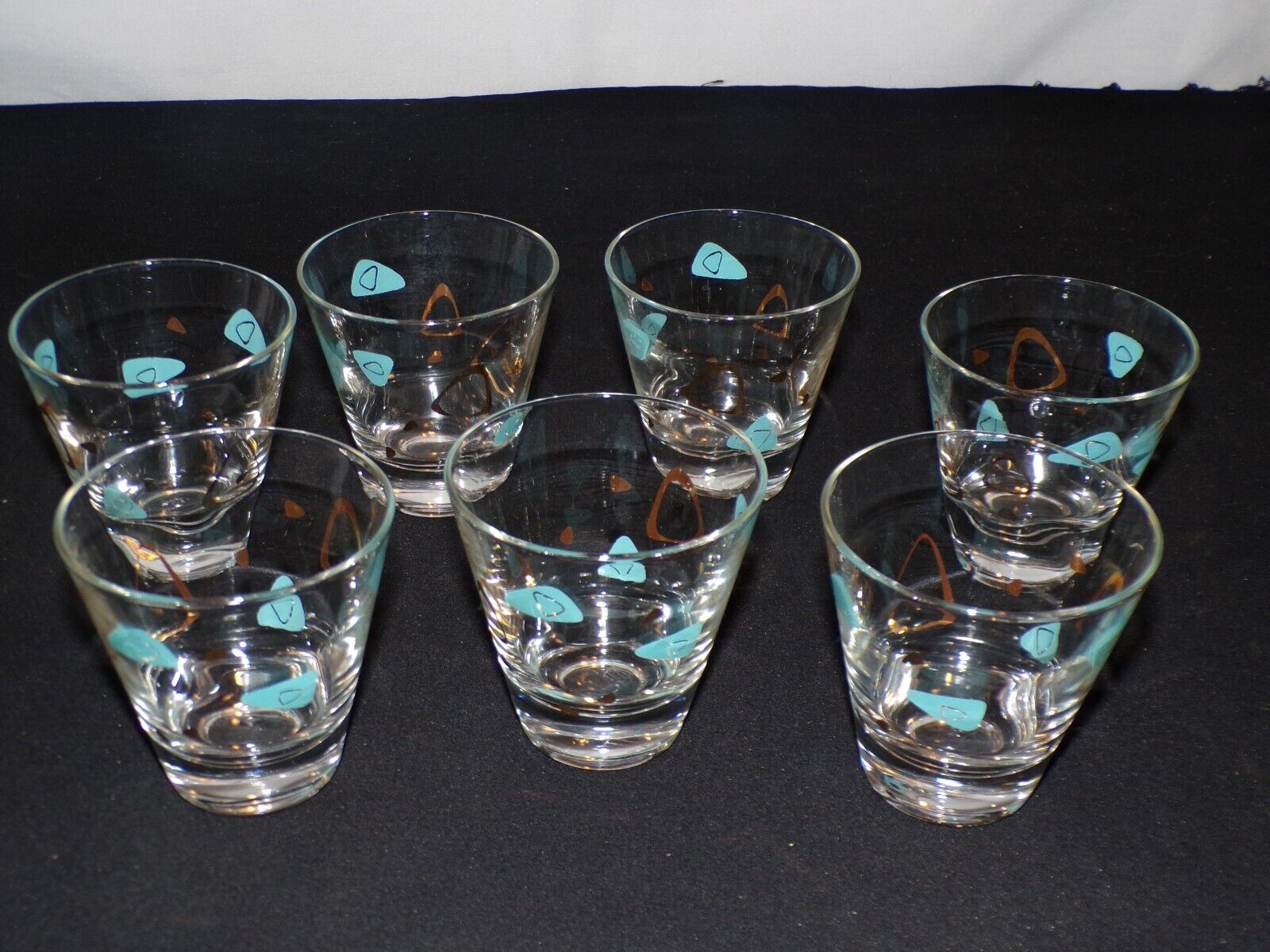 7 MCM Federal Glass Boomerang Capri Low Ball Glasses Amoeba Turquoise Blue Gold