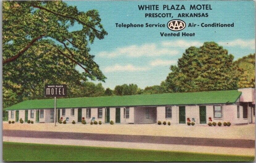 PRESCOTT, Arkansas Postcard WHITE PLAZA MOTEL Roadside / Linen c1950s Unused
