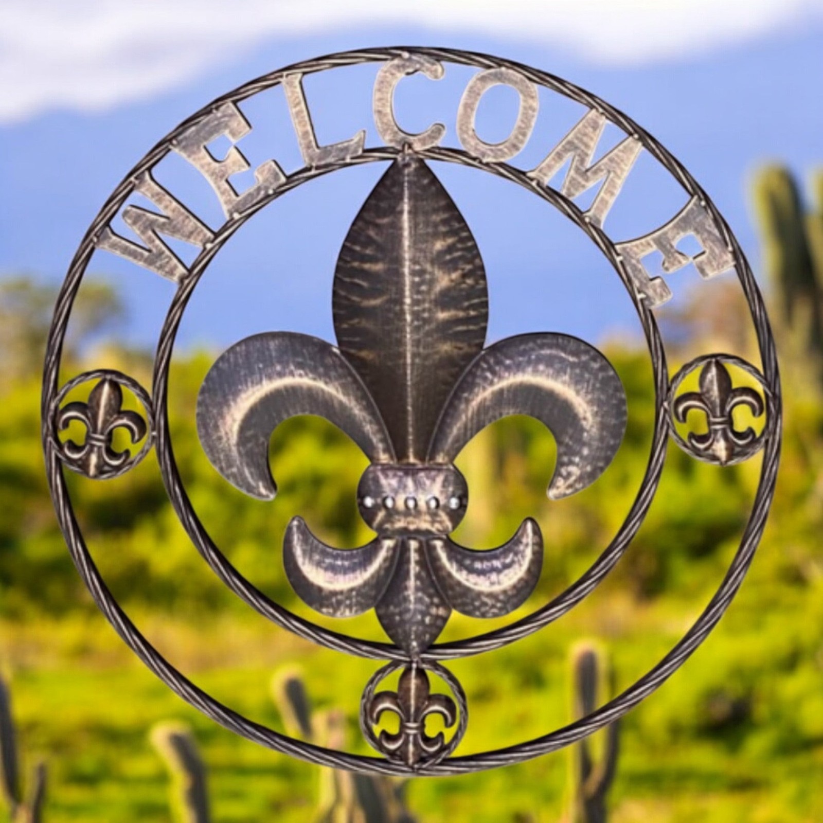 Fleur De Lis Welcome 24 Inch Plaque, Rustic Copper Metal