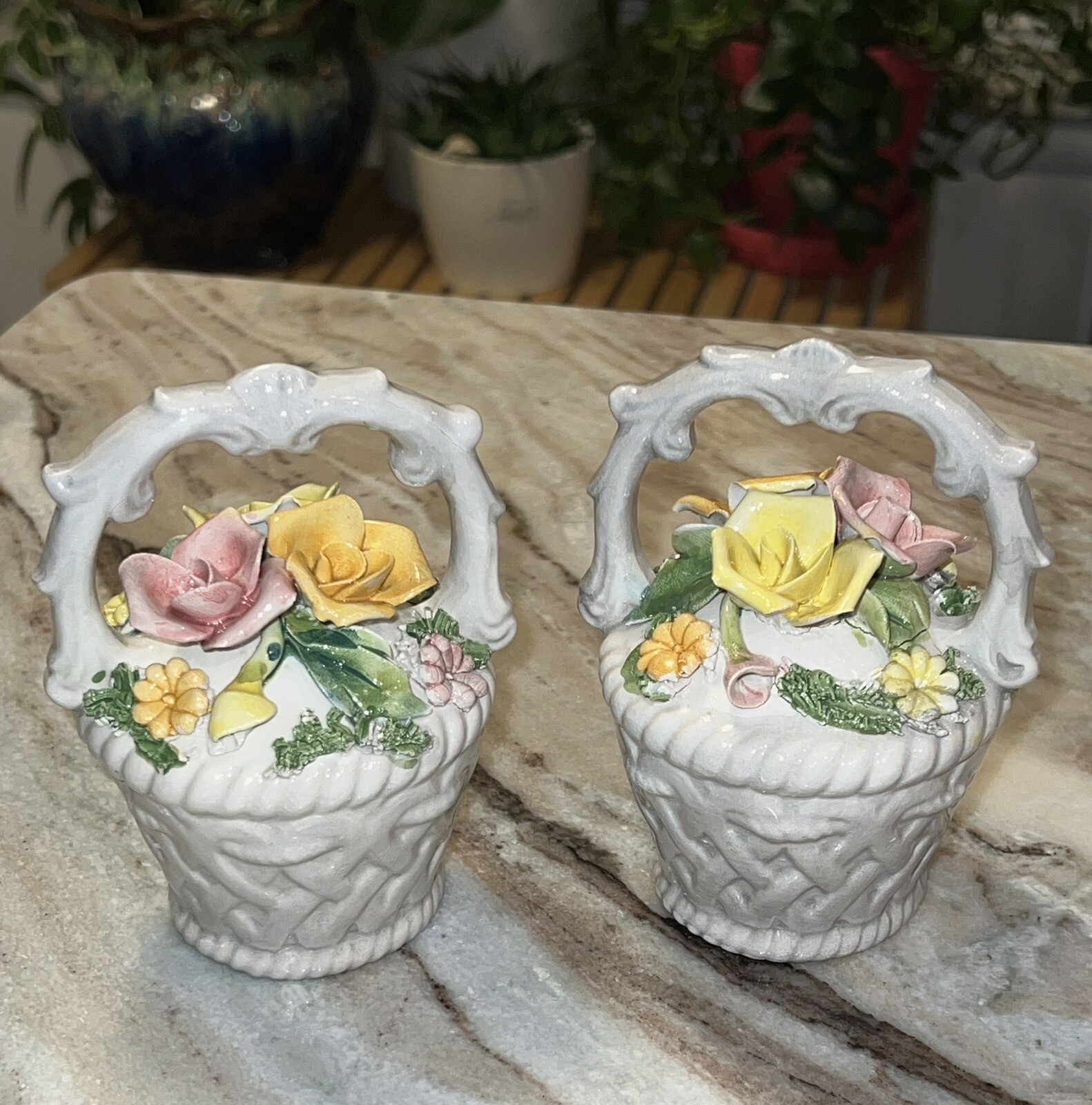 Vintage 2 1950’s Capodimonte Porcelain Rose Flower Basket, Beautiful