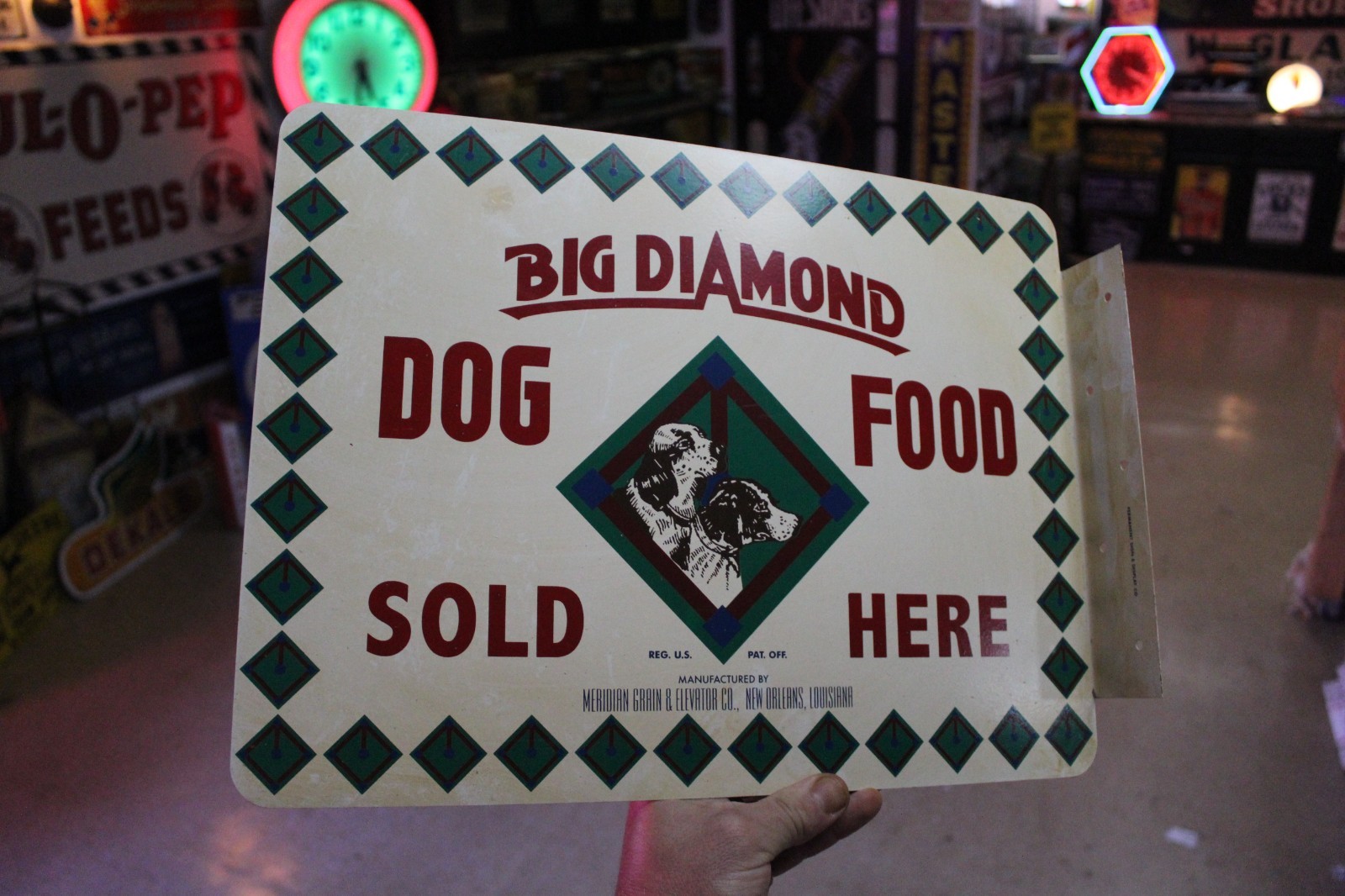 RARE 1950s BIG DIAMOND DOG FOOD PAINTED METAL 2-SIDED FLANGE SIGN PET STORE