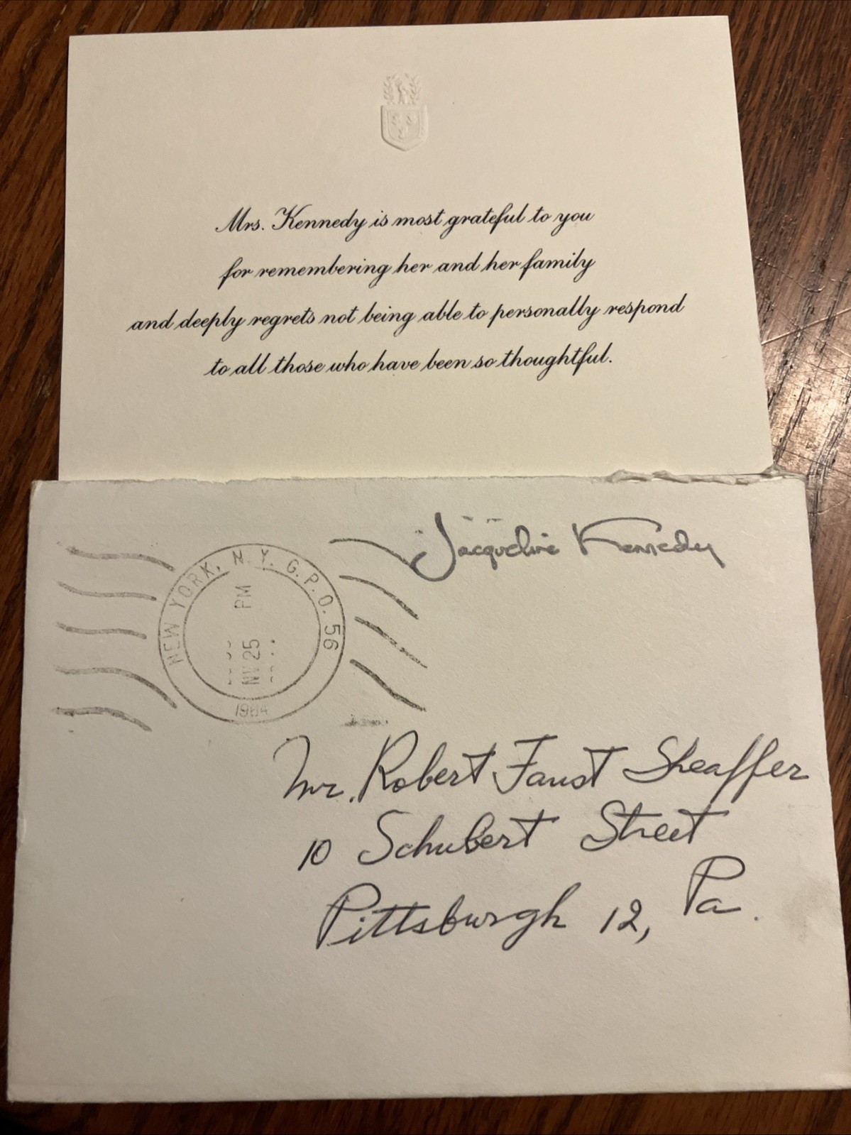 1963 Assassination Condolence Thank-You Card From Jackie Kennedy