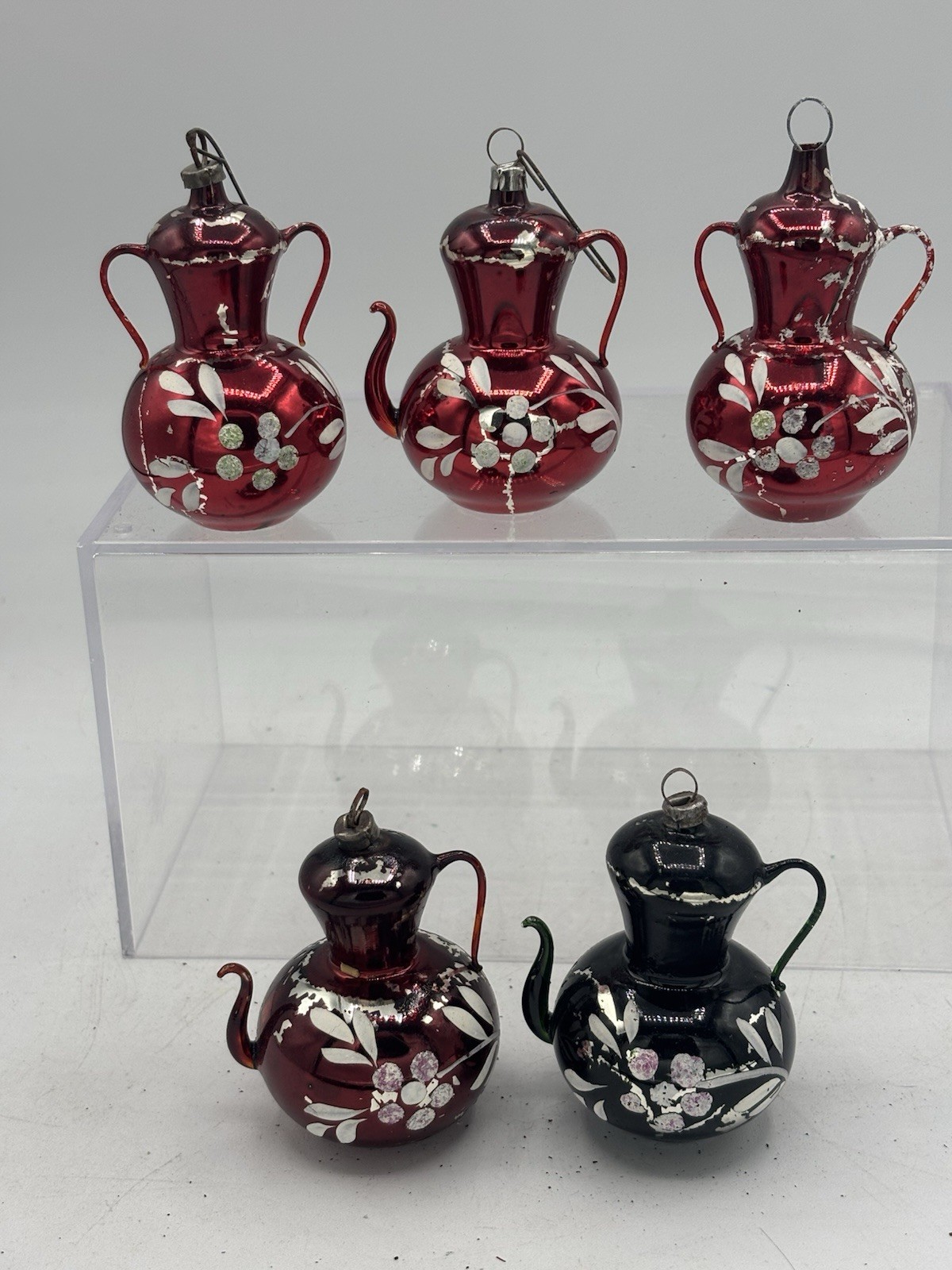 Lot Of 5 Antique German Coffee Teapot Mercury Glass Painted Christmas Ornaments Lot Of 5 Antique German Coffee Teapot Mercury Glass Painted Christmas Ornaments
