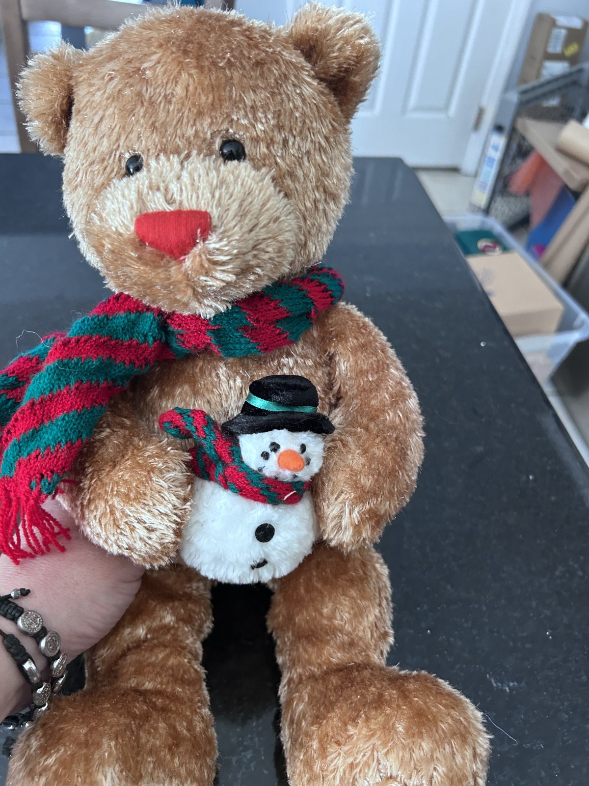 Vintage Gund Christmas Teddy Holding Snowman – Red Heart Nose, Matching Scarves