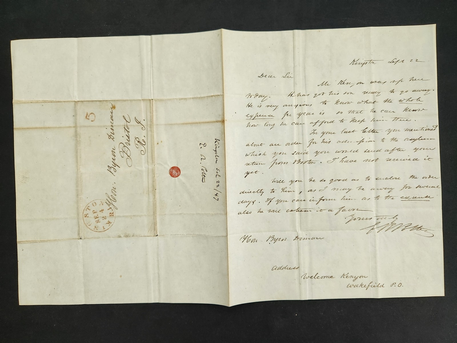 1847 antique ALS STAMPLESS LETTER bristol ri GOV BYRON DIMON asylum ER POTTER