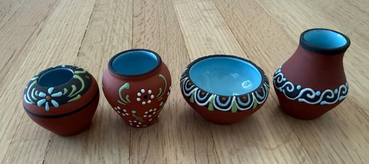 Set/4 Vtg MEXICAN FOLK ART Miniature Pottery Red Clay Terra Cotta Hand Painted