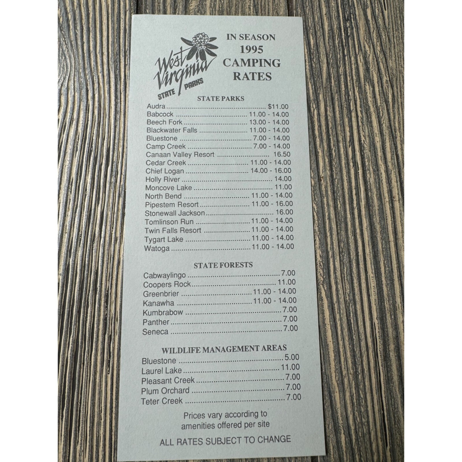 Vtg West Virginia 1995 State Parks Camping Rates Guide Vtg West Virginia 1995 State Parks Camping Rates Guide