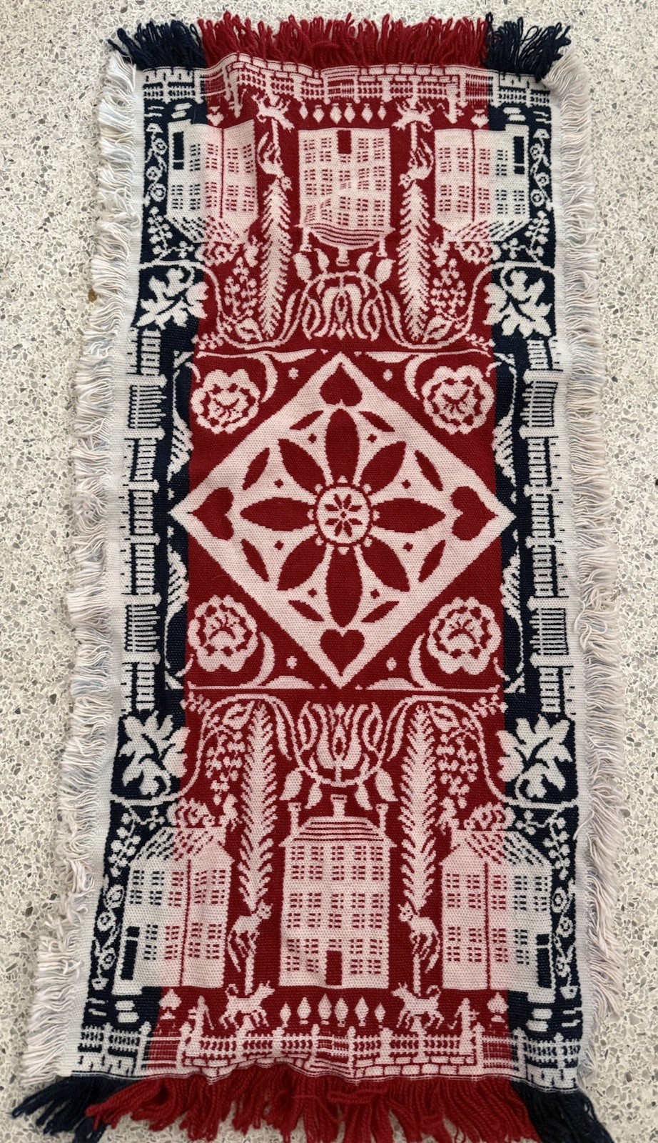 Vtg Colonial Americana Style Jacquard Woven Table Runner USA Folk Art Primitive
