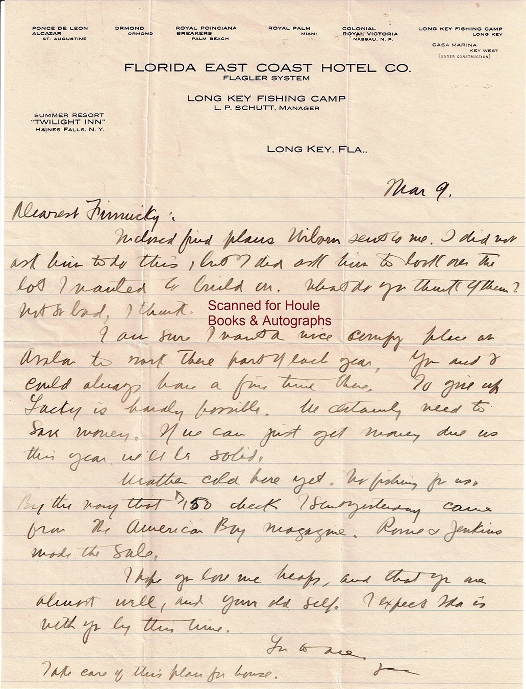 ZANE GREY - SIGNED - LETTER - 1920 - MRS. ZANE GREY - BUILD CATALINA HOUSE