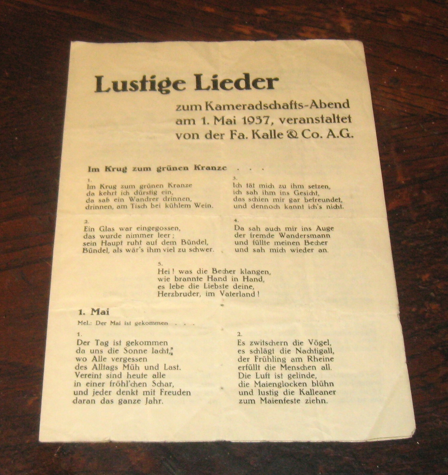 Rare Antique May 1937 Germany LUSTIGE LIEDER Program Funny Songs Kalle & Co. A.G