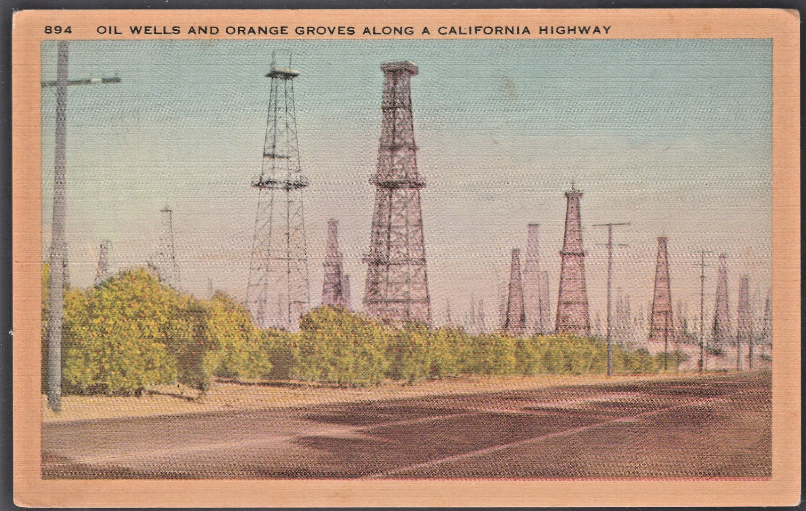 California Highway CA postcard - Oil Wells and Orange groves 1940s linen