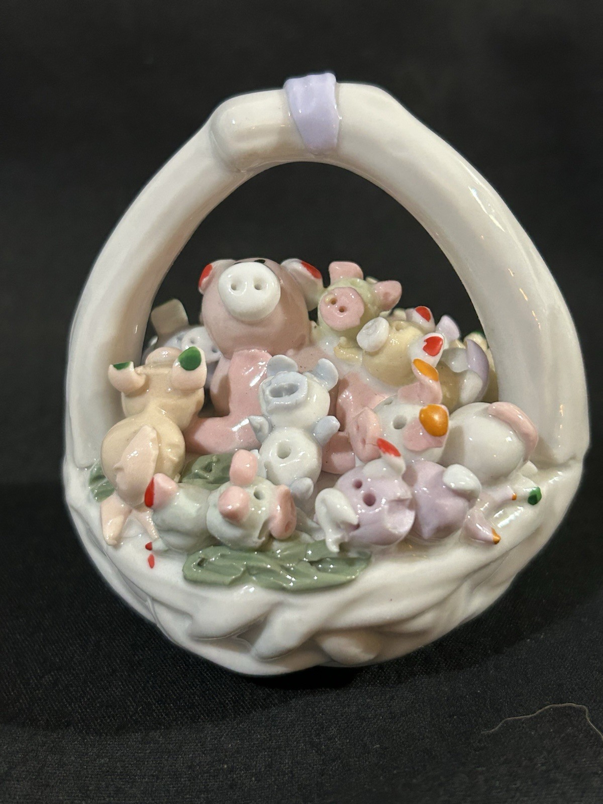 Vintage Adorable Ceramic Porcelain PIGS IN A BASKET Figurine