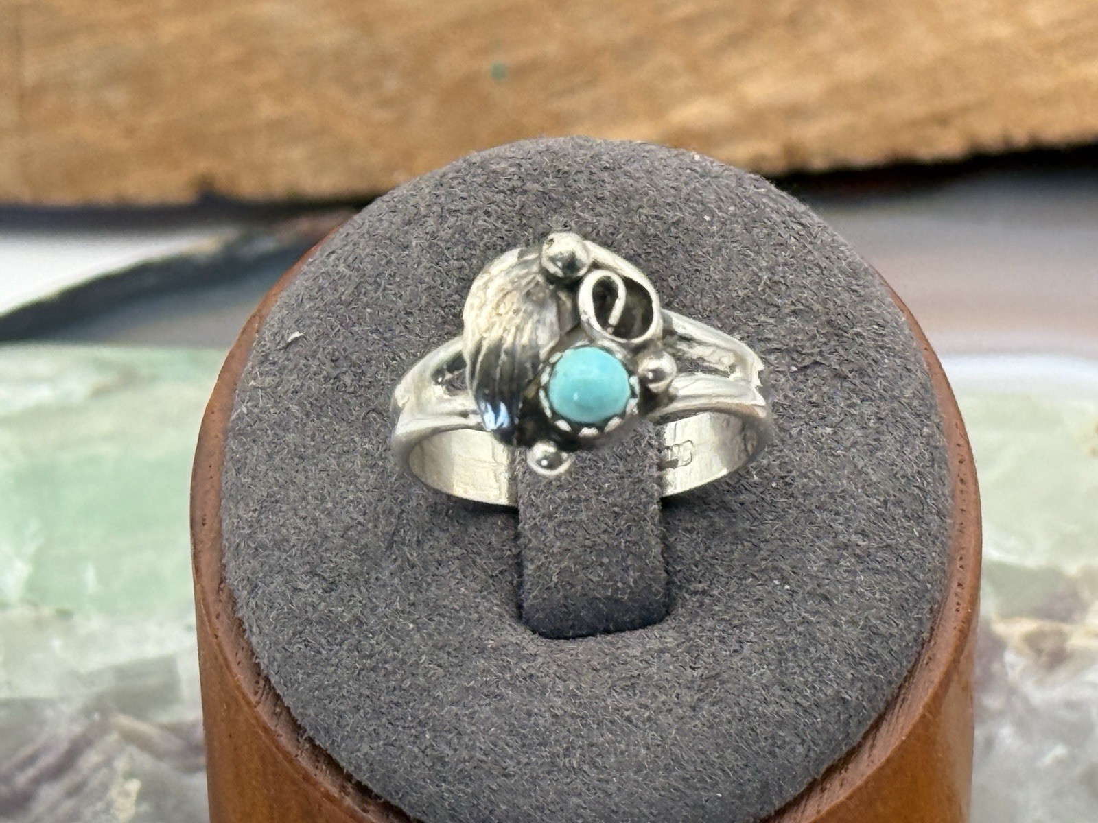 Vintage Navajo Sterling Turquoise Petite Feather Blossom ring sz 8.25--874.25 Vintage Navajo Sterling Turquoise Petite Feather Blossom ring sz 8.25--874.25