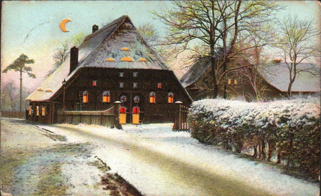 Snow-Covered COTTAGES On Beautiful HOLD-TO-LIGHT HTL Vintage CHRISTMAS Postcard