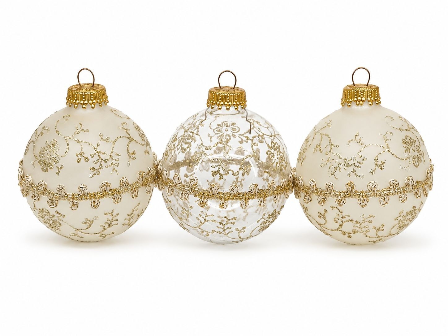 3 Vintage Krebs Germany Christmas Ornaments Glass intricate gold glitter floral 
